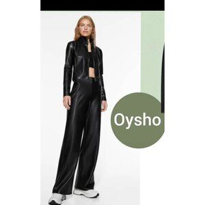 Oysho Womans Pants Sz XS Black Faux Leather Wide Leg NWT High Rise 1135/821NWT